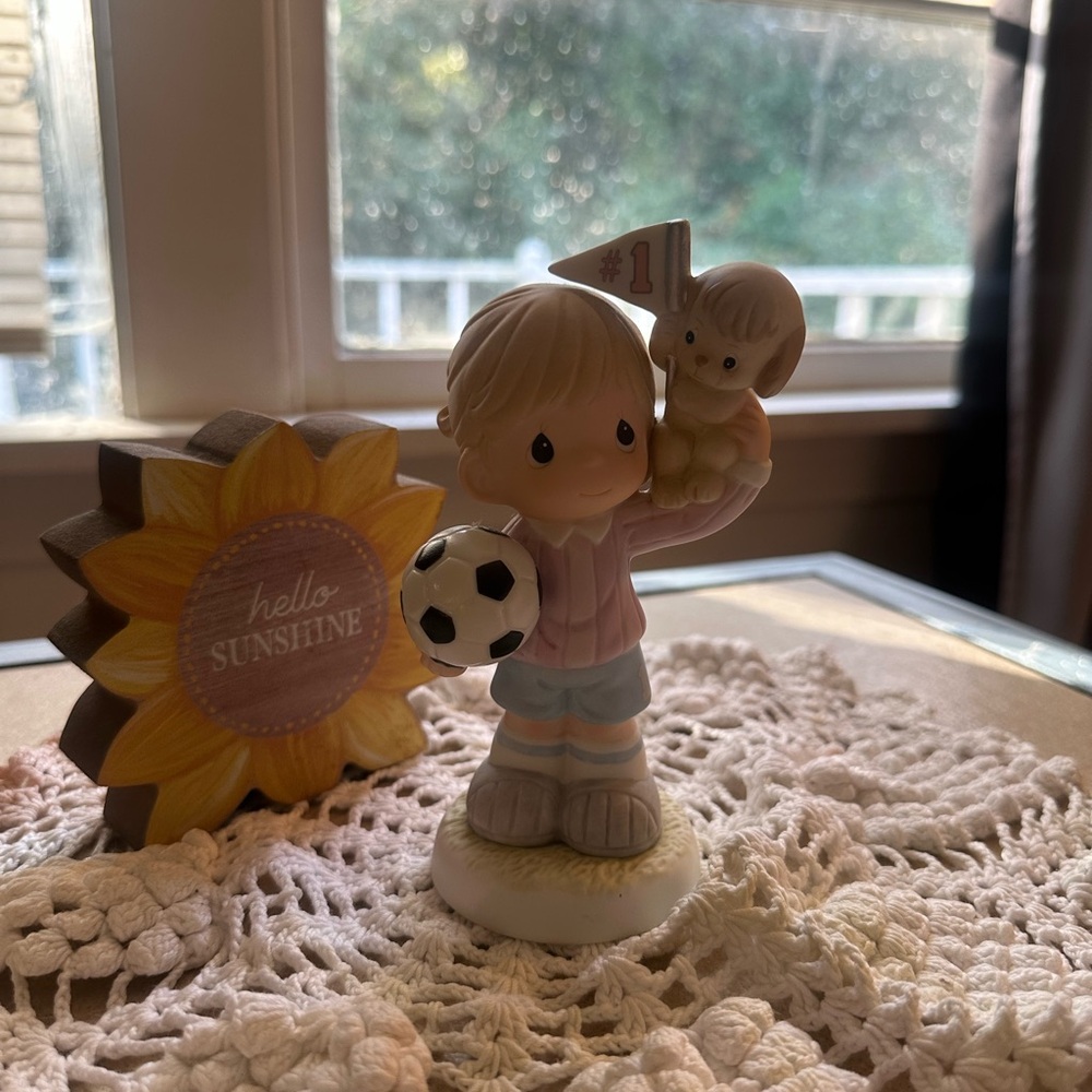 Precious Moments Figurine with Soccer Ball and Puppy - Pink and Blue